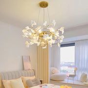 Elegant Gold Branch Circle Ginkgo Leaf Chandelier