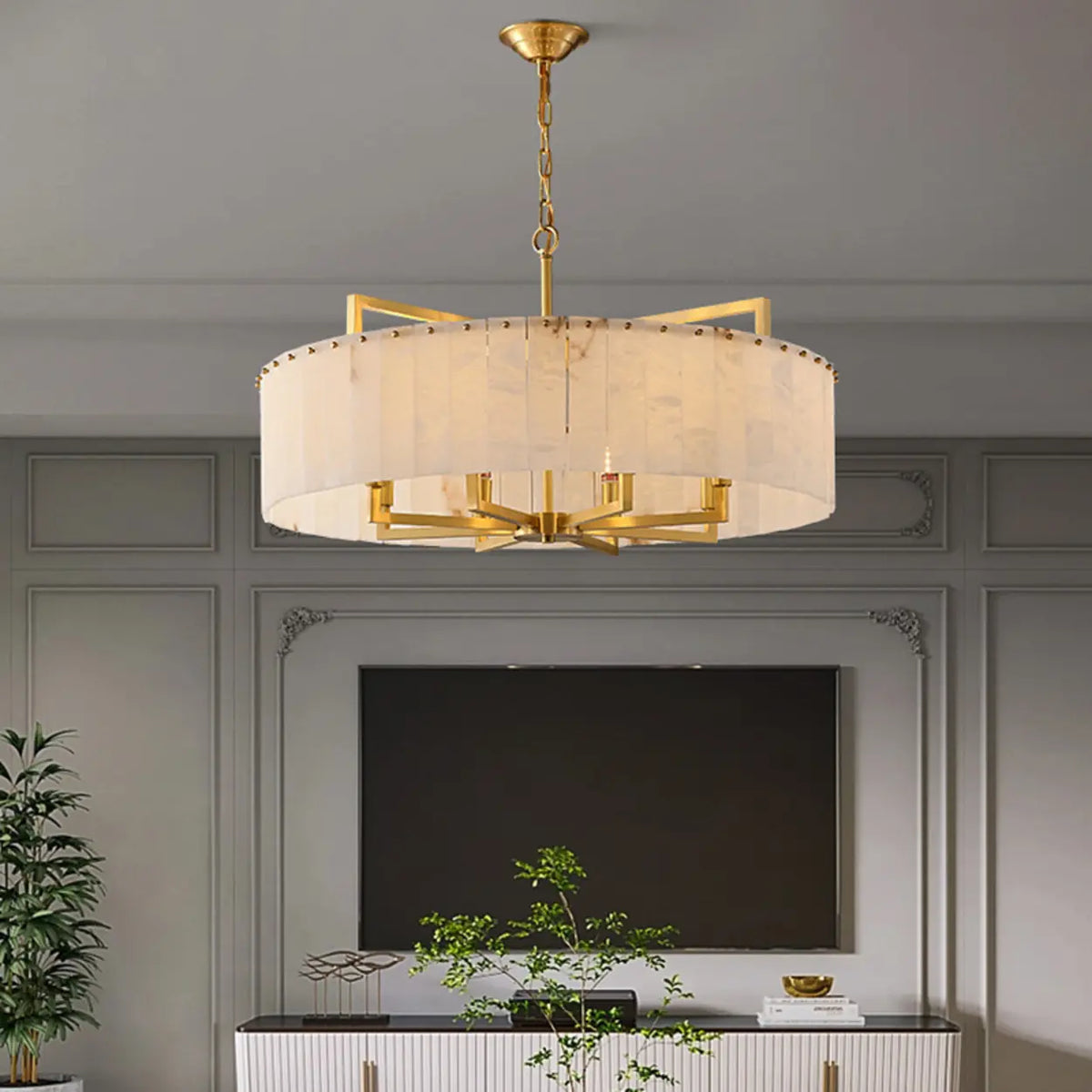 Elegant Modern Round White Stone Chandelier Living Room
