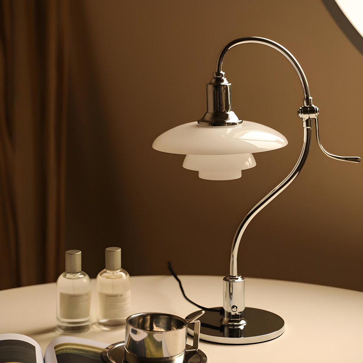 Elegant Multi-Layered Silver Curved Chrome Table Lamp