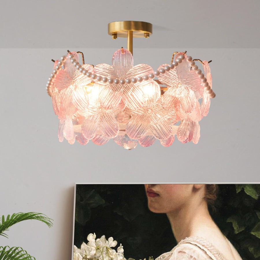 Elegant Pearl Pink Floral Glass Semi-Flush Mount Light