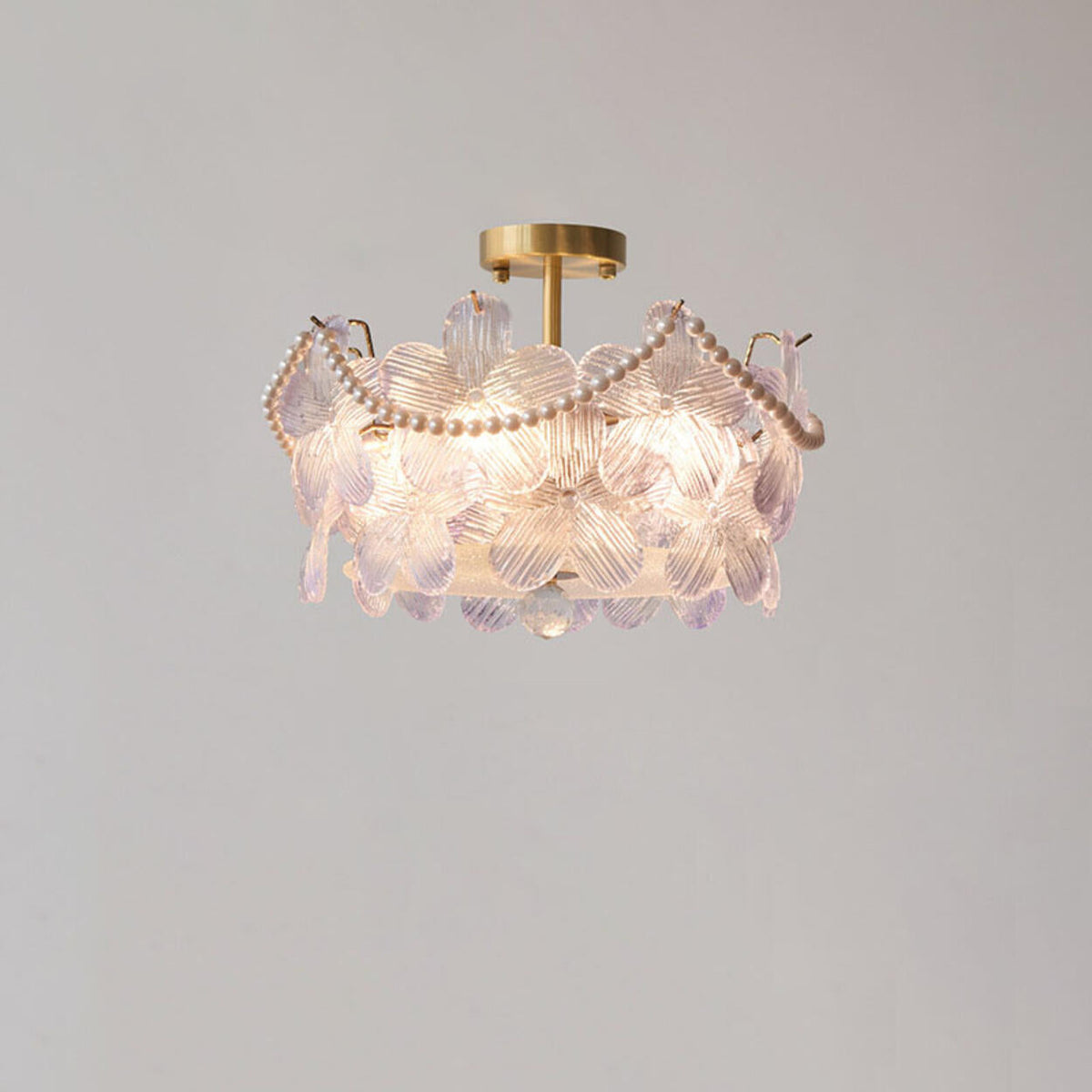Elegant Pearl Pink Floral Glass Semi-Flush Mount Light