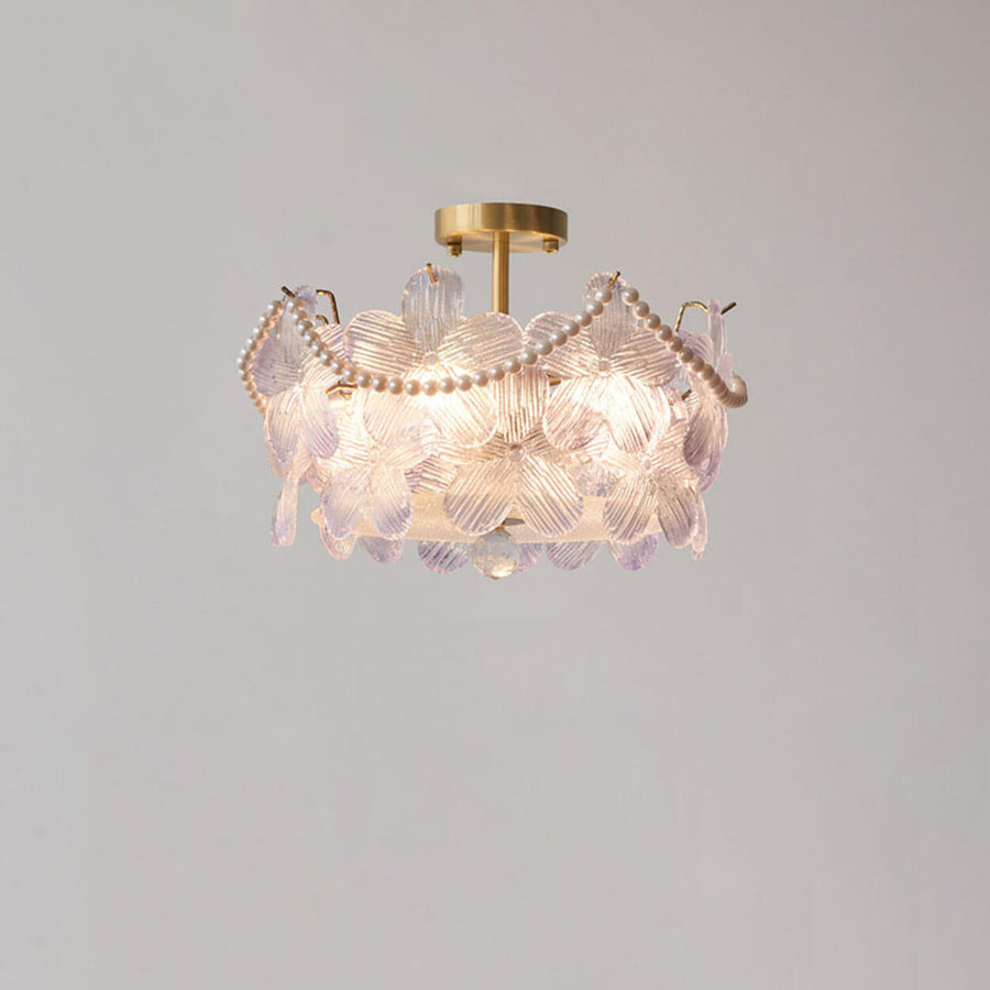 Elegant Pearl Pink Floral Glass Semi-Flush Mount Light