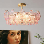 Elegant Pearl Pink Floral Glass Semi-Flush Mount Light