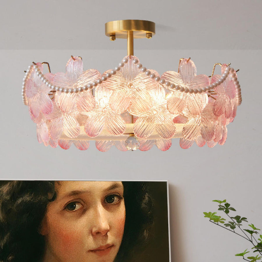 Elegant Pearl Pink Floral Glass Semi-Flush Mount Light