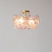 Elegant Pearl Pink Floral Glass Semi-Flush Mount Light
