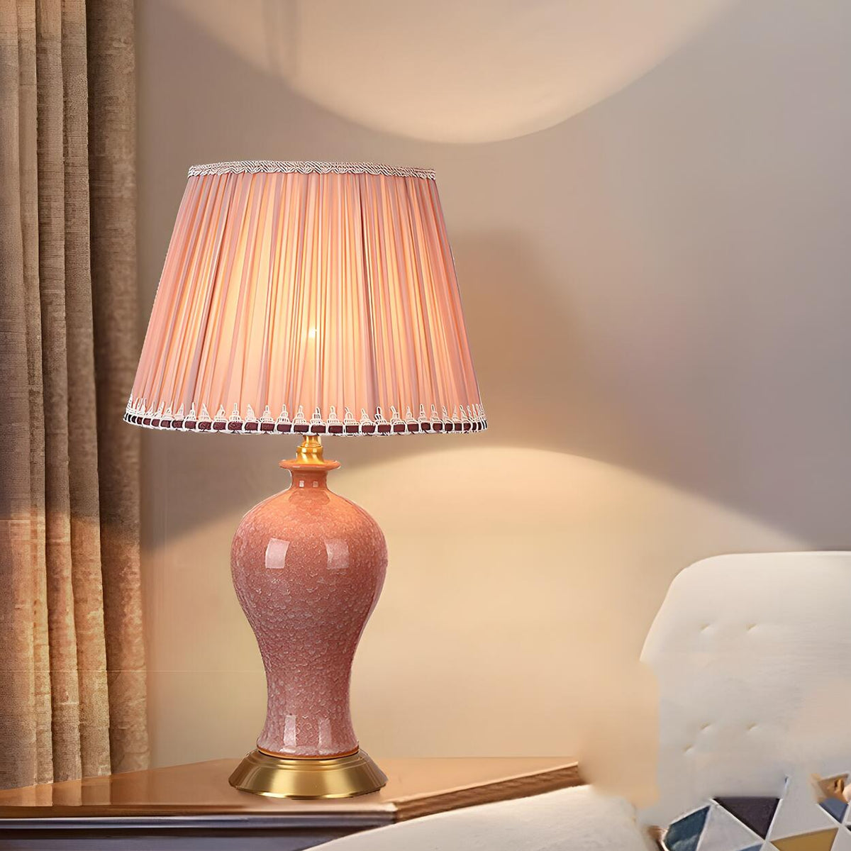 Elegant Pink Silk Shade Ceramic Bedroom Table Lamp