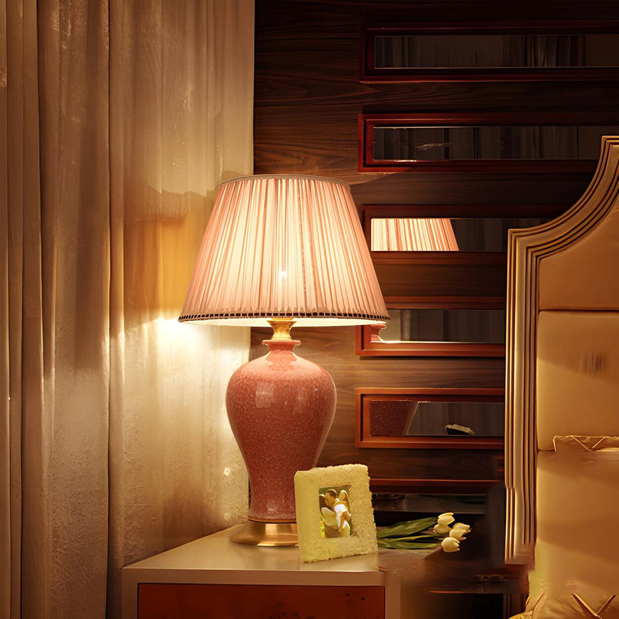 Elegant Pink Silk Shade Ceramic Bedroom Table Lamp