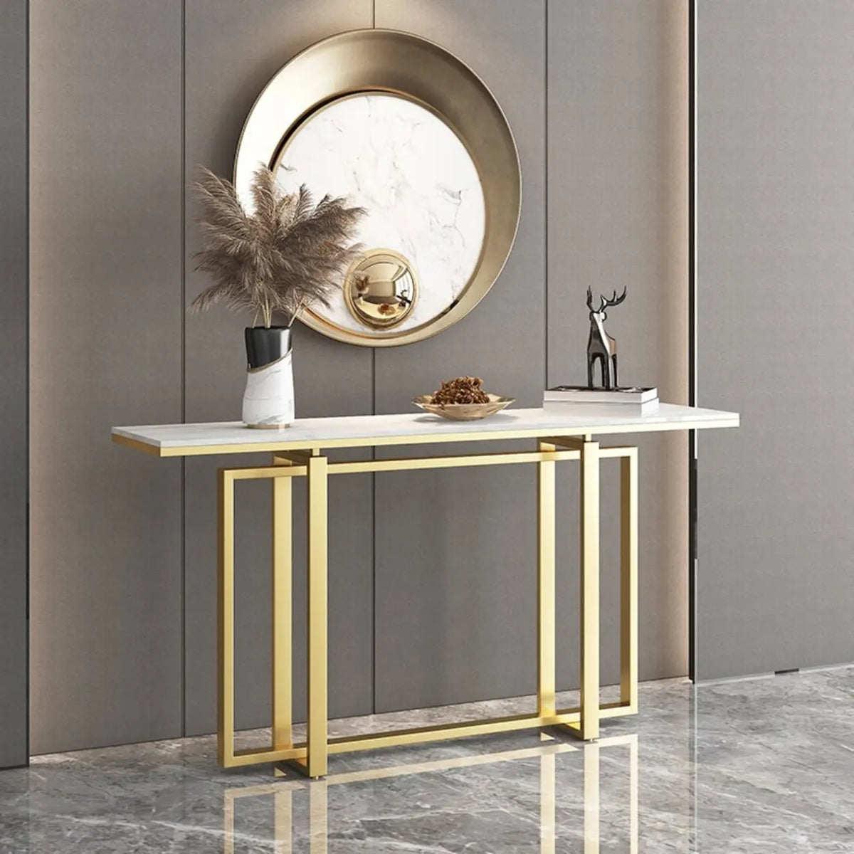 Elegant Rectangle Faux Marble Gold Trestle Console Table