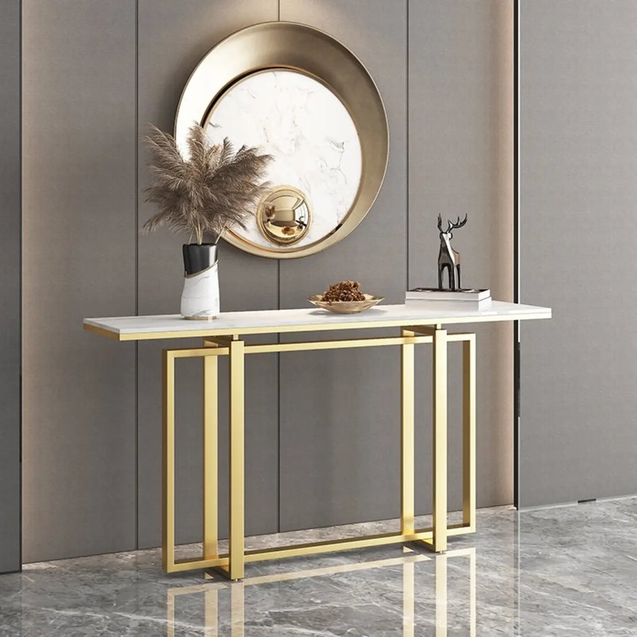 Elegant Rectangle Faux Marble Gold Trestle Console Table