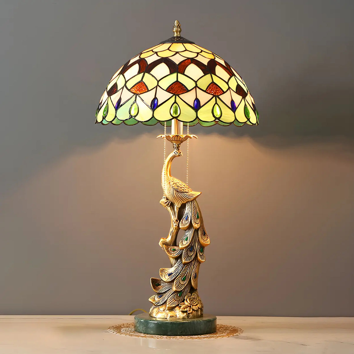 Elegant Tiffany Phoenix Dome Stained Glass Table Lamp