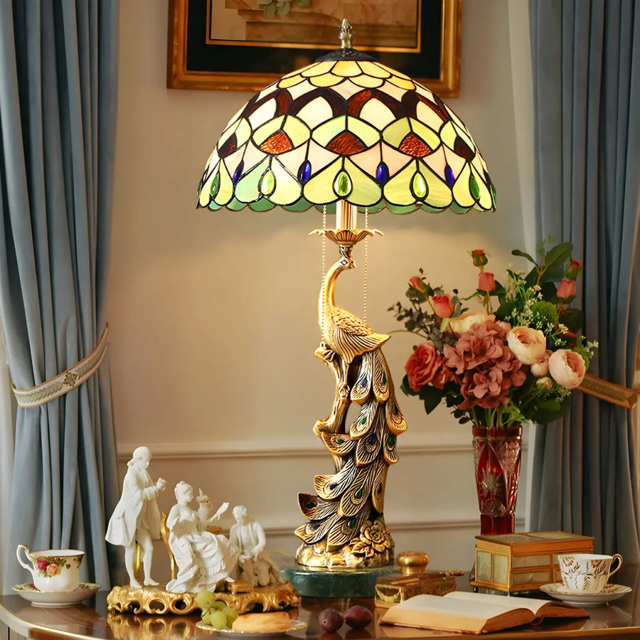 Elegant Tiffany Phoenix Dome Stained Glass Table Lamp