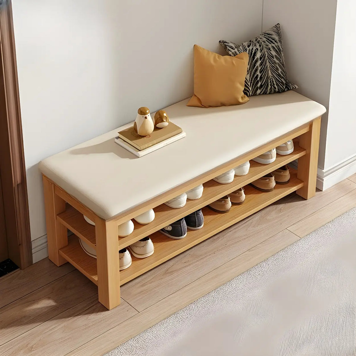 Entryway Adjustable Shelves Wood Brown Shoe Storage Bench