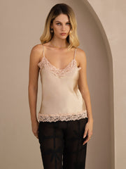 100% Mulberry Silk Women's Spaghetti Strap V Neck Lace Trim Camisole Top