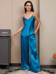 100% Mulberry Silk Spaghetti Strap V Neck Cami & Wide Leg Pants Pajama Set