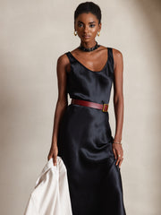 100% Mulberry Silk Sleeveless U Neck Midi Long Dress