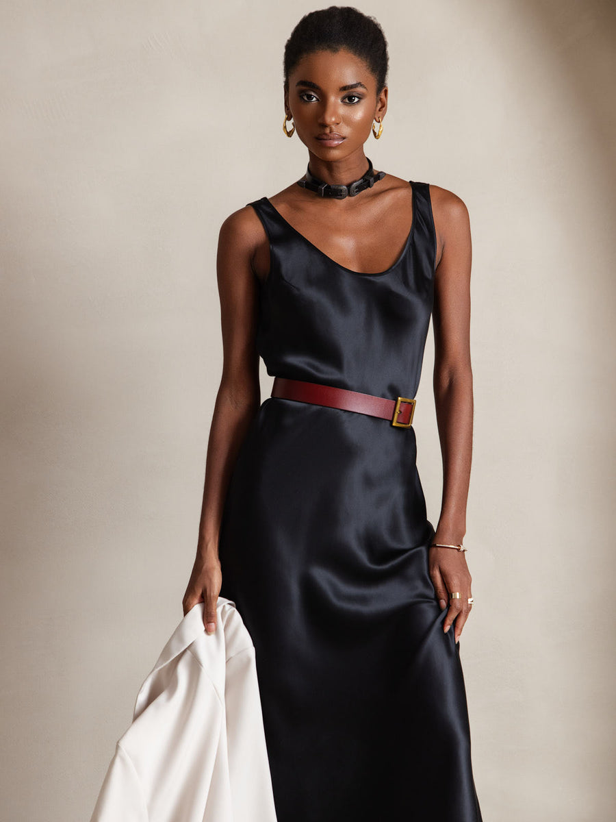 100% Mulberry Silk Sleeveless U Neck Midi Long Dress