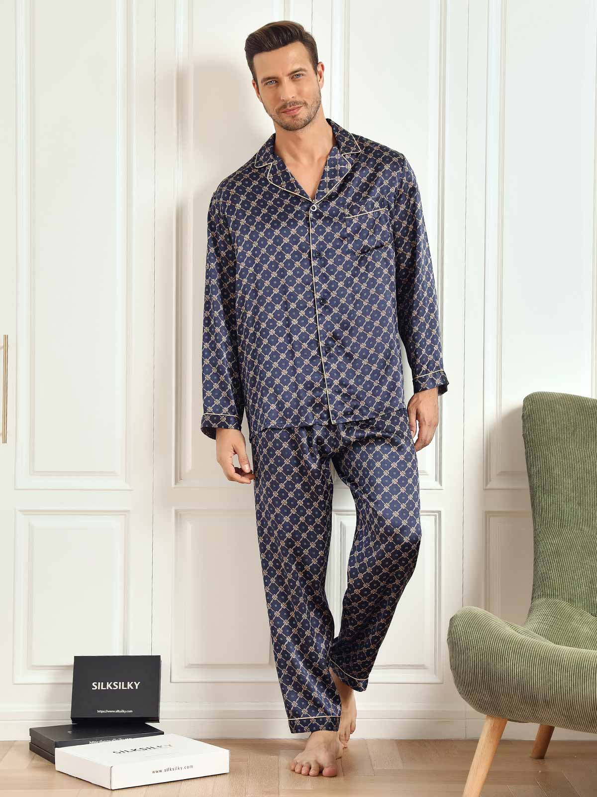 100% Mulberry Silk Navy Chain Print Long Sleeve Men's Pajamas Set With Pants