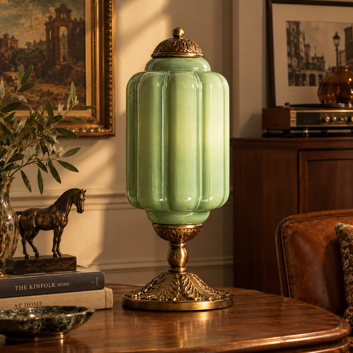 Vintage Elegant Glass Geometric Table Lamp with Brass Base