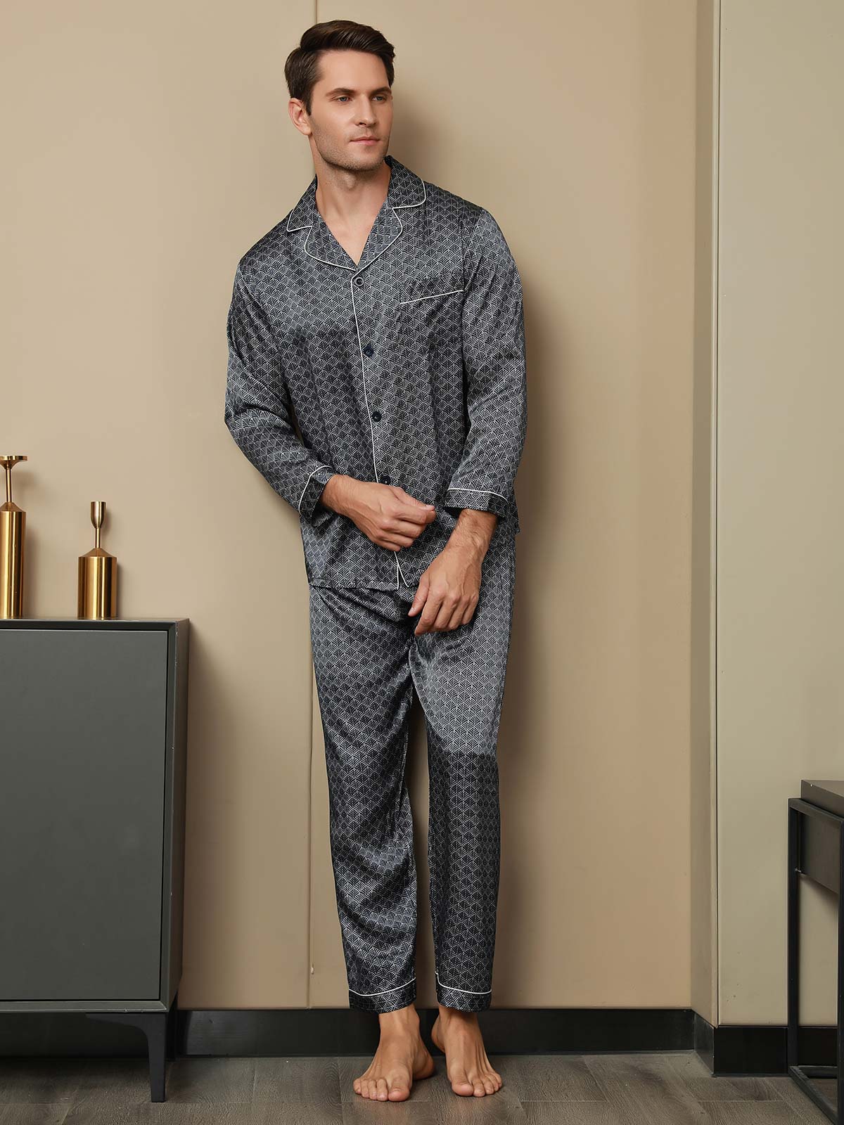 100% Mulberry Silk Ginkgo Print Long Sleeve Men's Pajamas Set With Pants