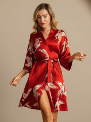 19Momme 100% Mulberry Silk Crane Print Belted Wrap Women's Kimono Robe