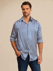 19Momme Silk Men's Long Sleeve Lapel Collar Stripe Print Shirt