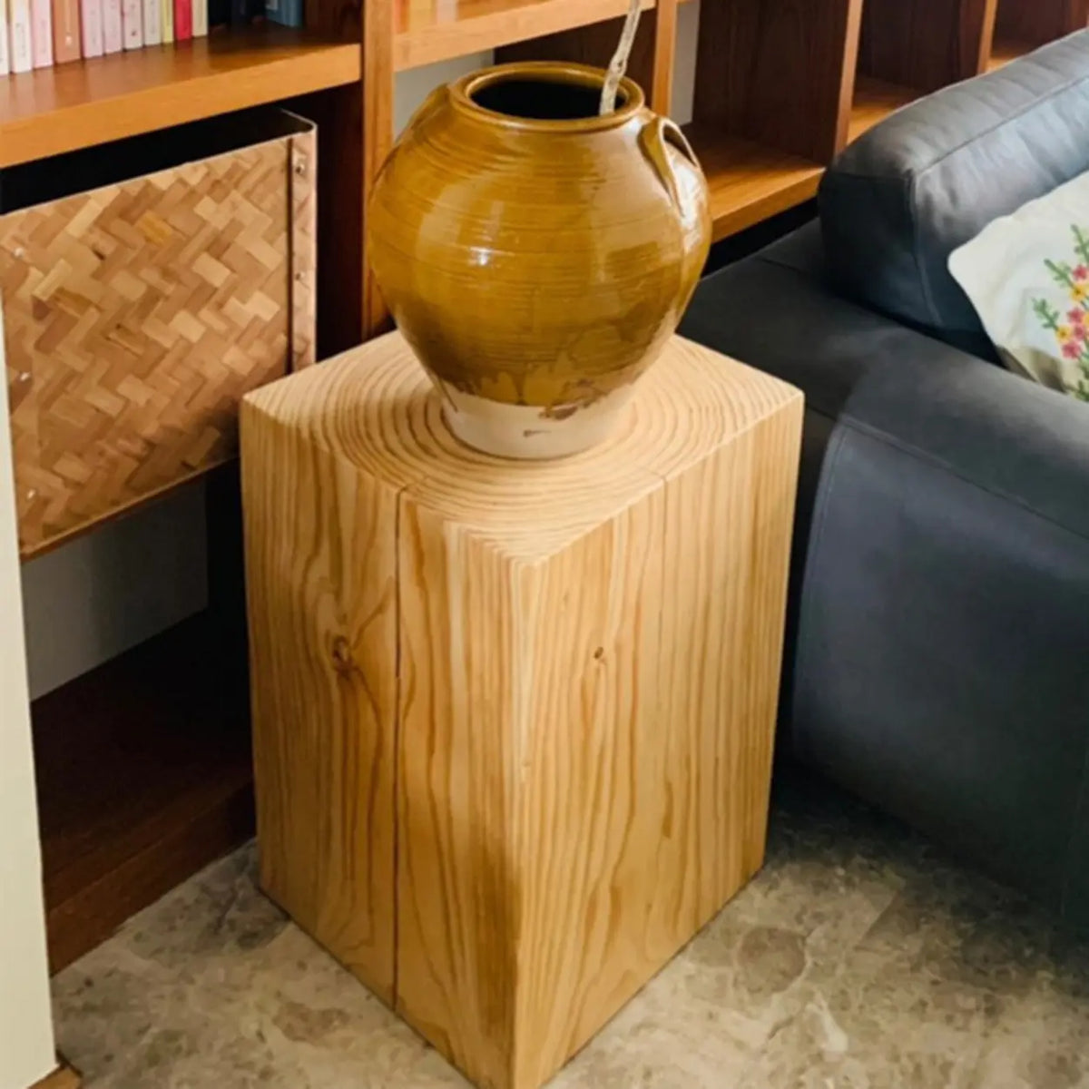 Farmhouse Rustic Wood Block Square Side Table
