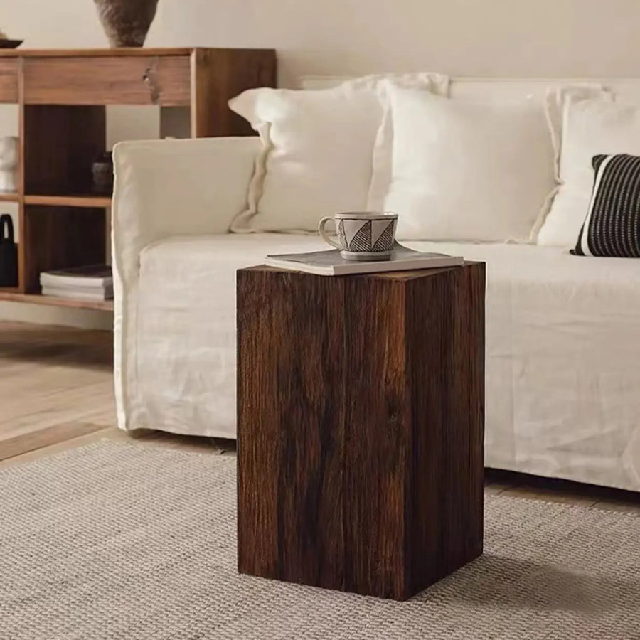 Farmhouse Rustic Wood Block Square Side Table
