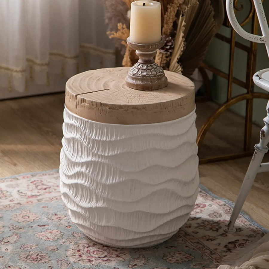Farmhouse Rustic Wood Round Textured Drum Side Table