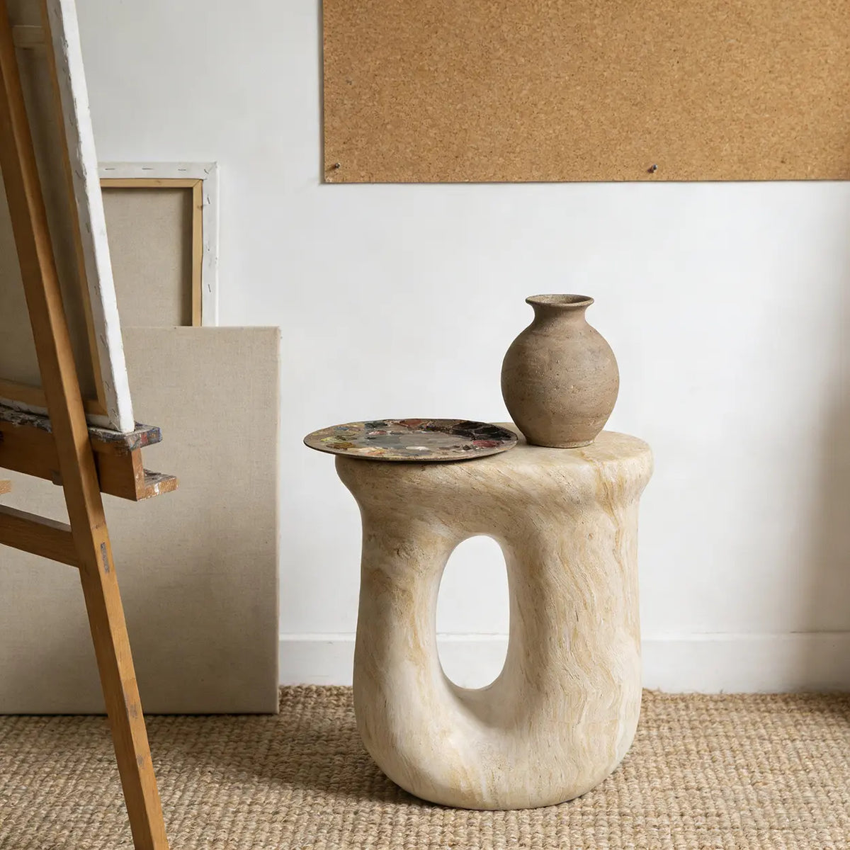 Faux Travertine Stone Oval Side Table with Curved Base