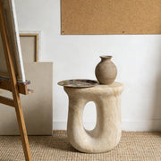 Faux Travertine Stone Oval Side Table with Curved Base