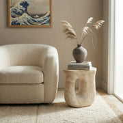 Faux Travertine Stone Oval Side Table with Curved Base