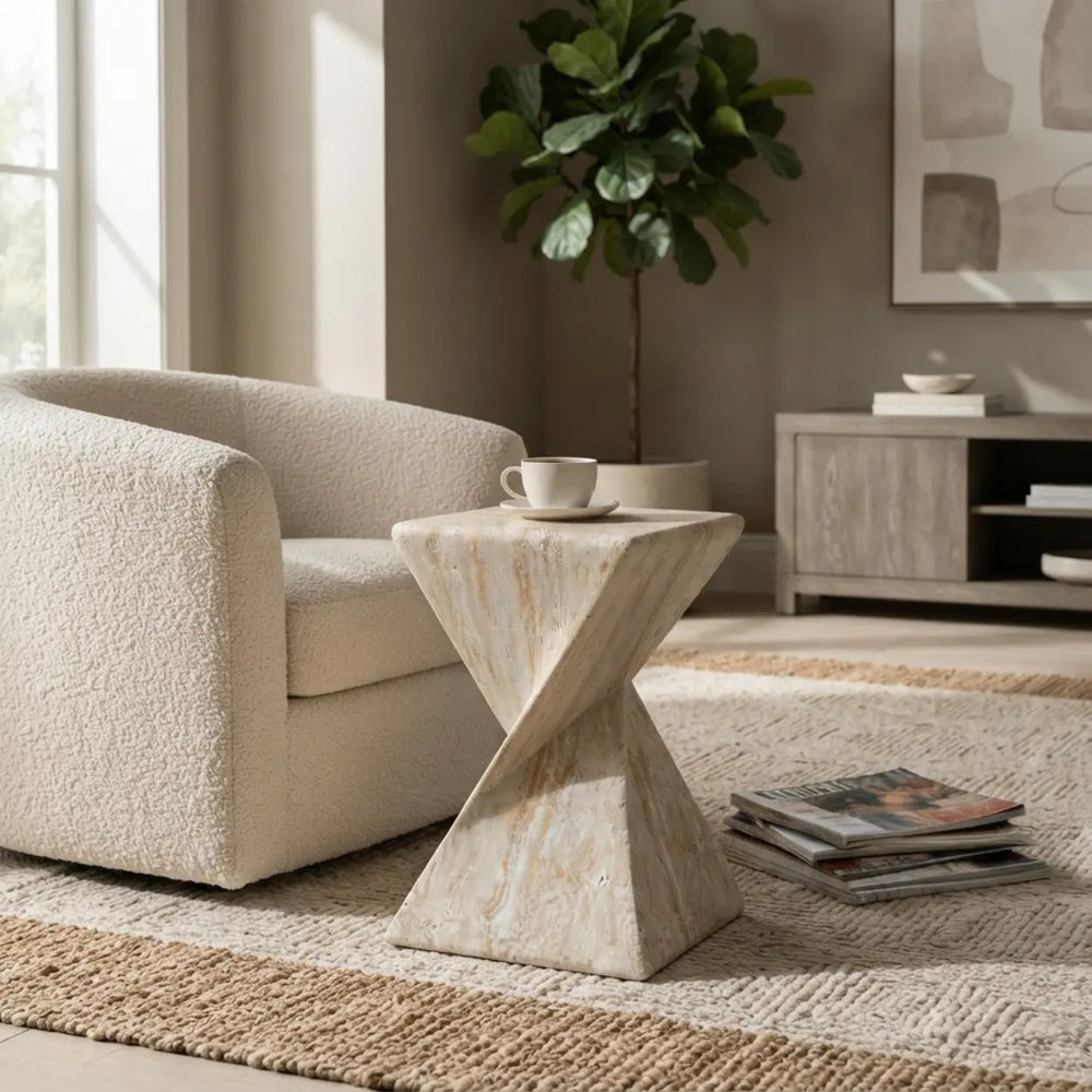 Faux Travertine Stone Side Table with Twisted Geometric Pedestal