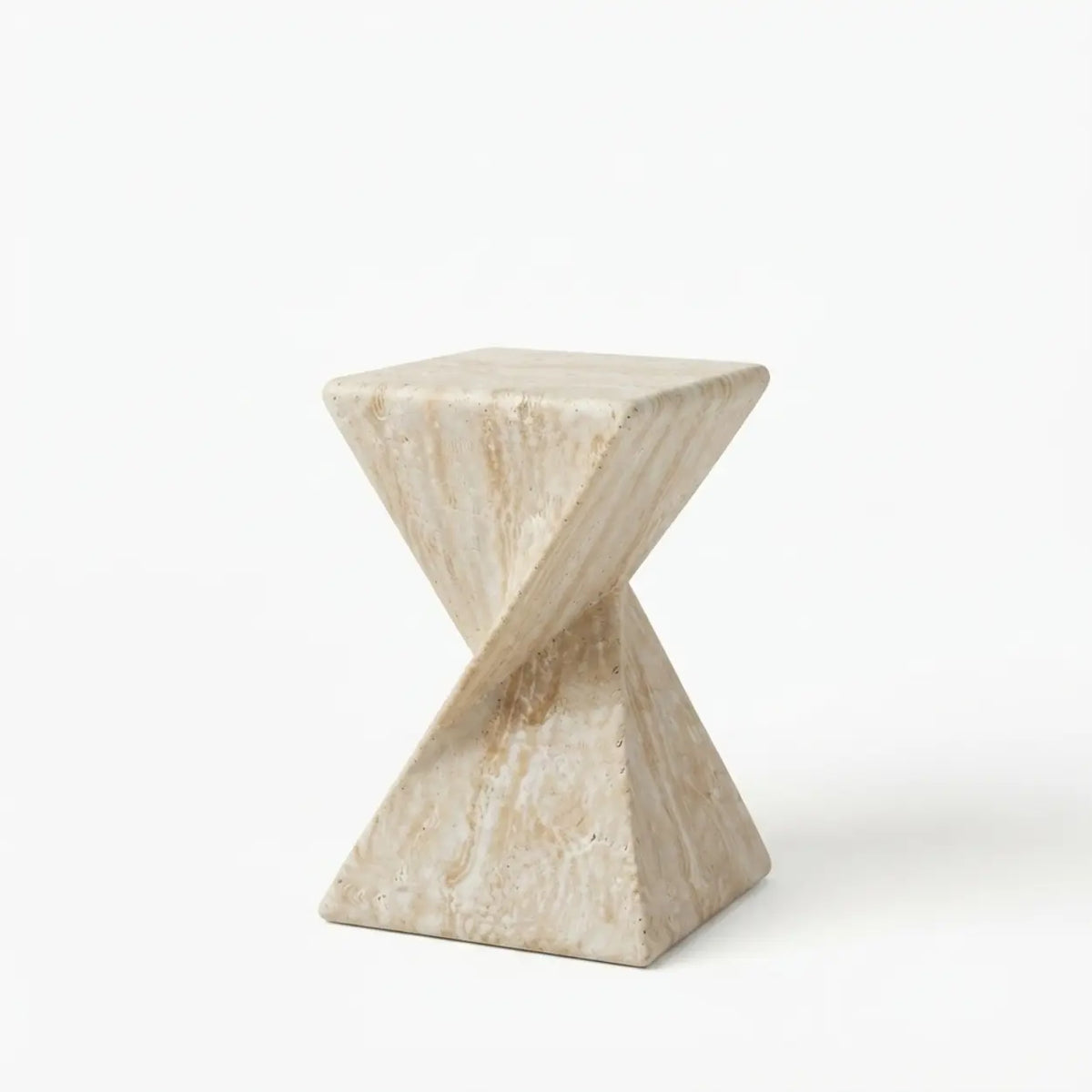 Faux Travertine Stone Side Table with Twisted Geometric Pedestal