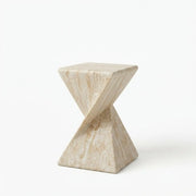Faux Travertine Stone Side Table with Twisted Geometric Pedestal