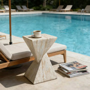 Faux Travertine Stone Side Table with Twisted Geometric Pedestal