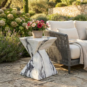 Faux Travertine Stone Side Table with Twisted Geometric Pedestal
