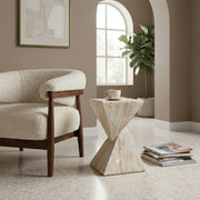Faux Travertine Stone Side Table with Twisted Geometric Pedestal