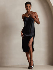Elegant 100% Mulberry Silk Cross Backless Midi Dress with Side Slit