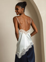100% Mulberry Silk Spaghetti Straps Lace Camisole Top with Asymmetrical Hem