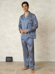 Men's 100% Mulberry Silk Stripe Print Long Sleeve Lapel Collar Pajamas Set
