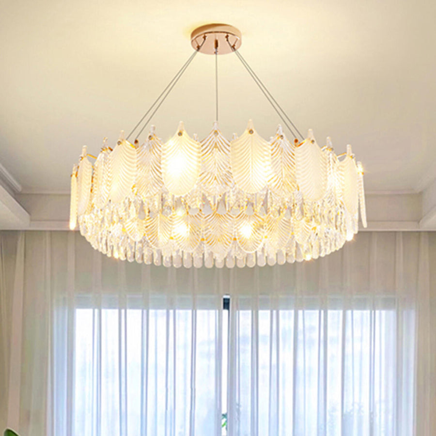 Round Feather Transparent Crystal Hanging Chandelier