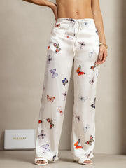 19Momme Silk Butterfly Print Wide Leg Women's Pants With Side Pockets Design