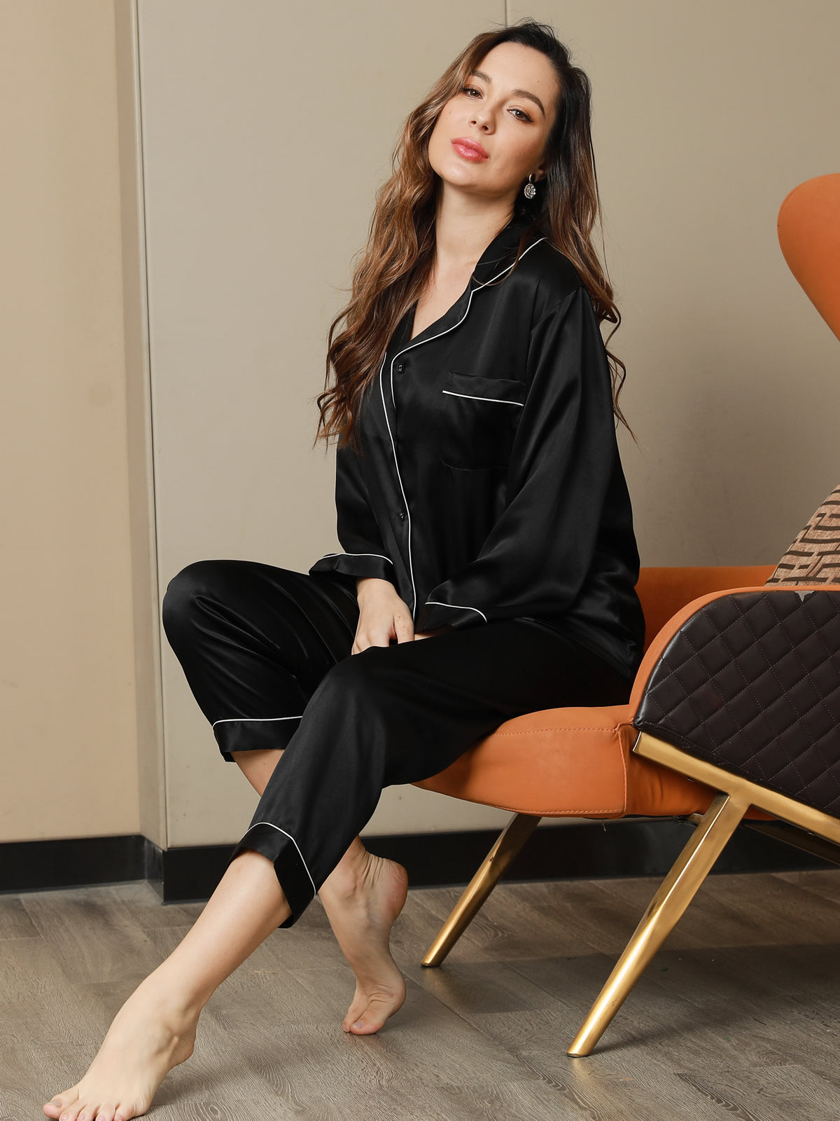 100% Mulberry Silk Lapel Collar Button Up Women's Pajamas Set