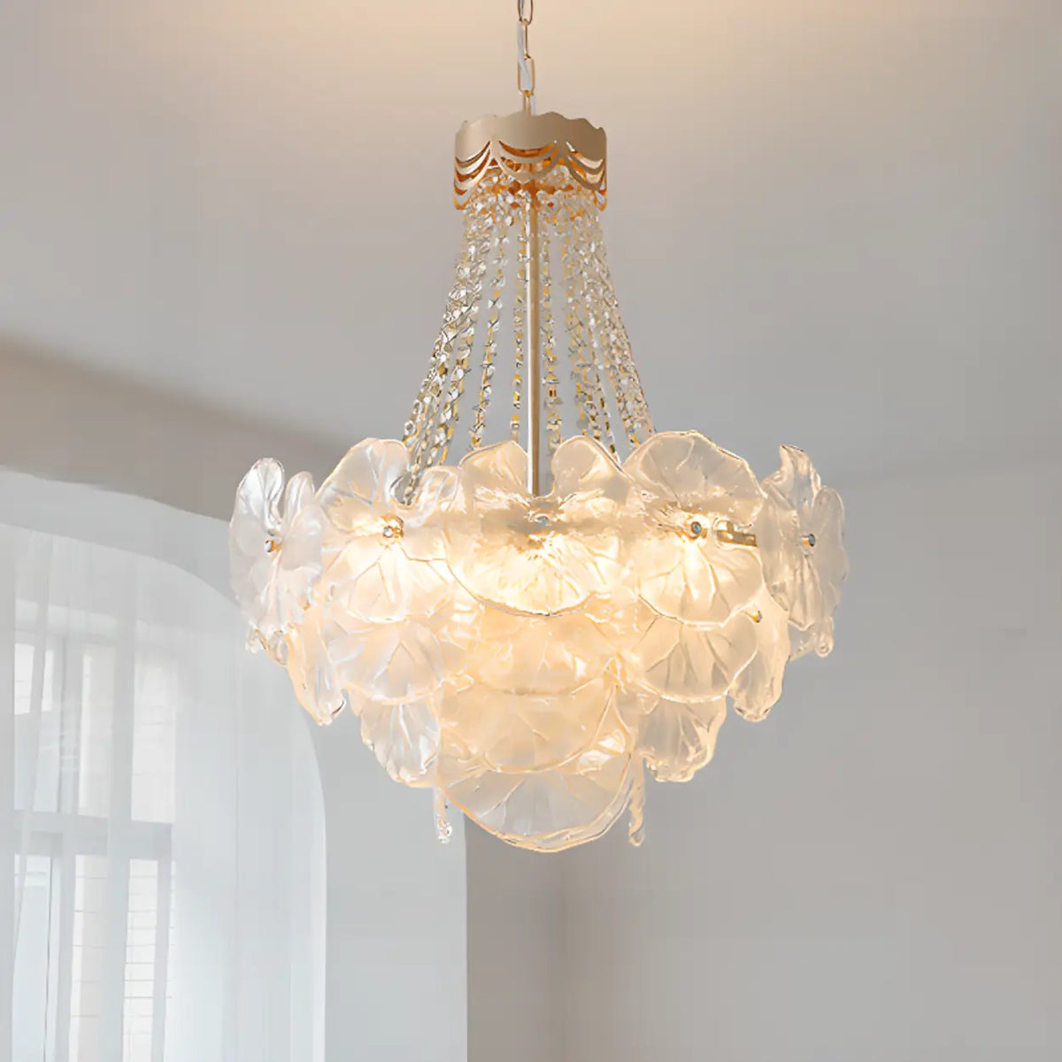 Flower White Frosted Glass Crystal Beads Tiered Chandelier