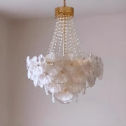 Flower White Frosted Glass Crystal Beads Tiered Chandelier