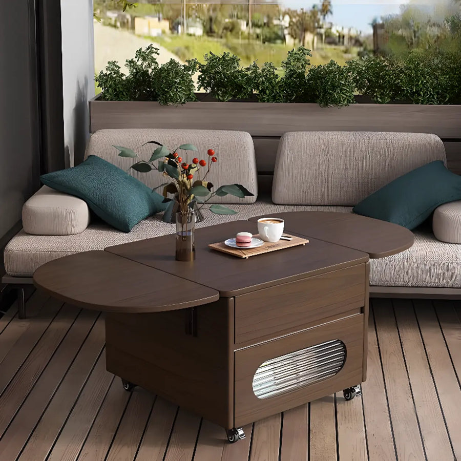 Foldable Oval Brown Wood Drawer Coffee Table with Wheel