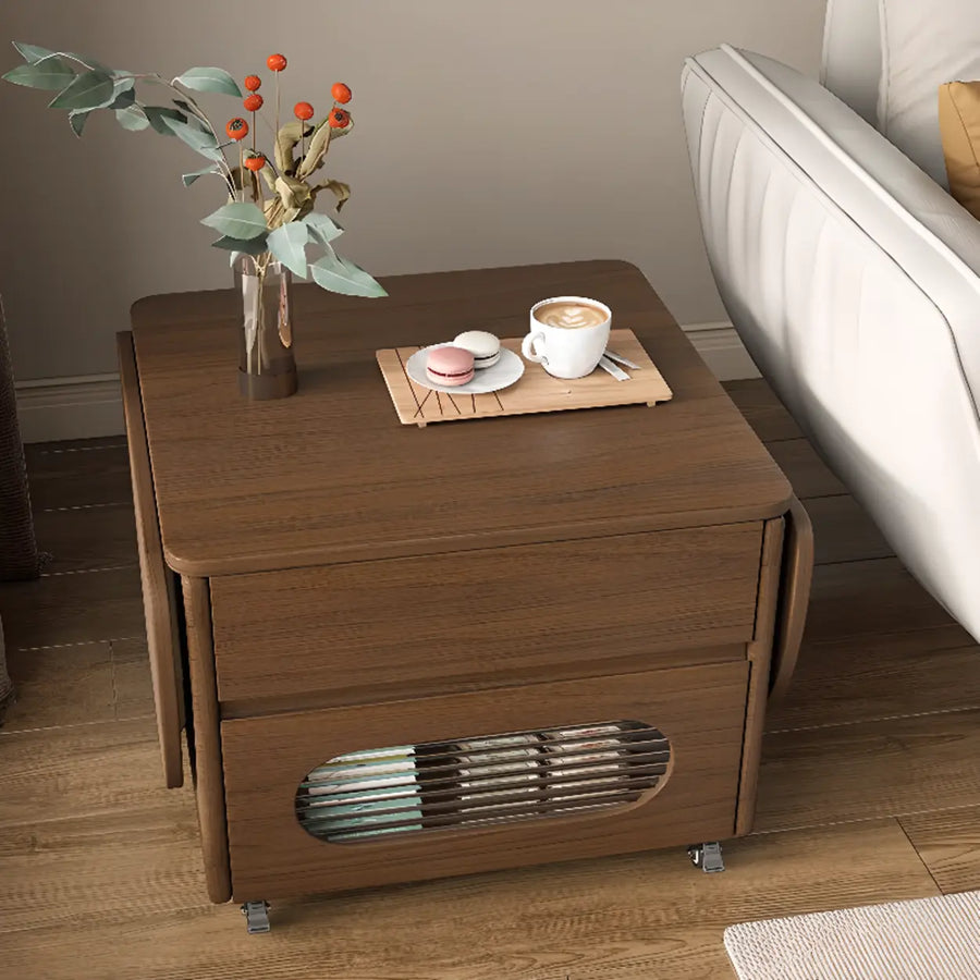 Foldable Oval Brown Wood Drawer Coffee Table with Wheel