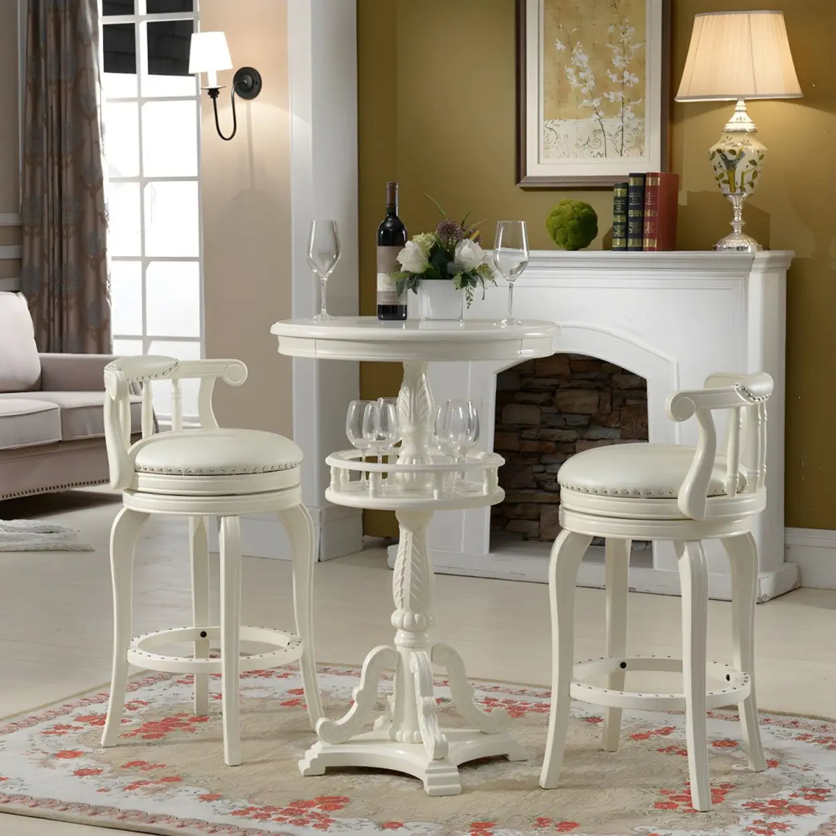 French Country Small Round Wooden Bar Table with Shelf