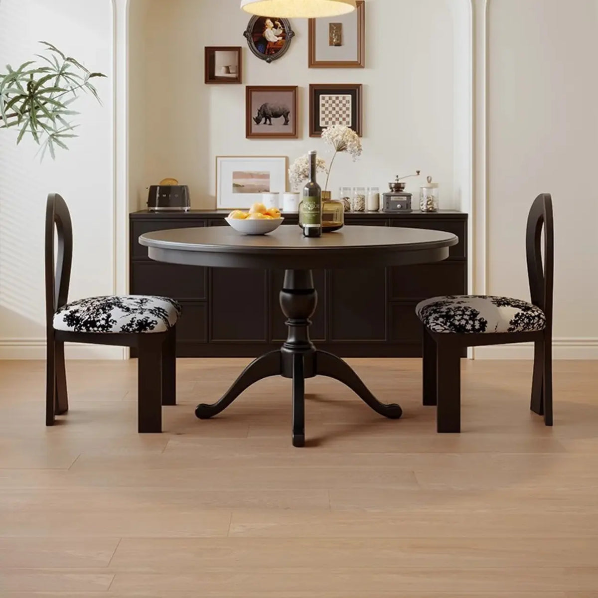 French Country Vintage Black Wood Round Large Dining Table