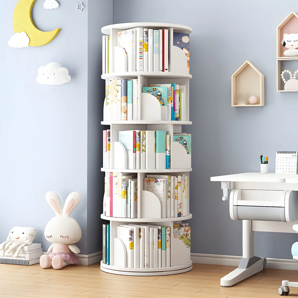 Geometric Open Storage Wood Rotating Round Bookshelf